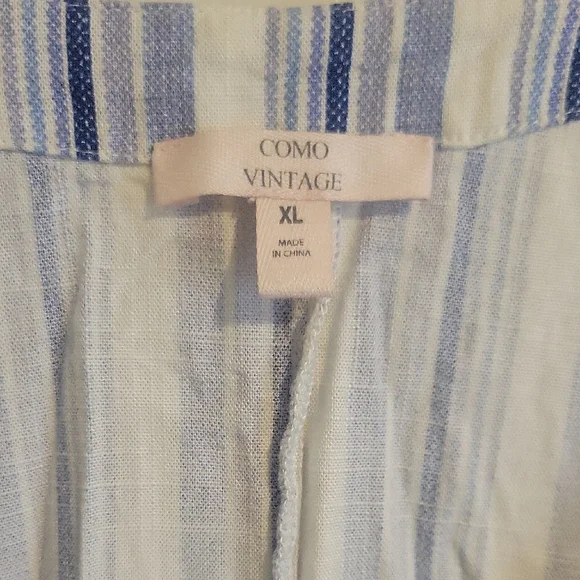 Como Vintage SzXL Rayon, Linen Blue White Striped Button-Down Shirt tie at waist - Picture 2 of 5